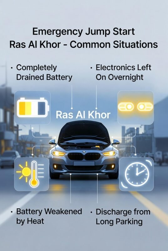 Illustration of common car battery problems in Ras Al Khor with icons showing drained battery, lights on, heat, and long parking