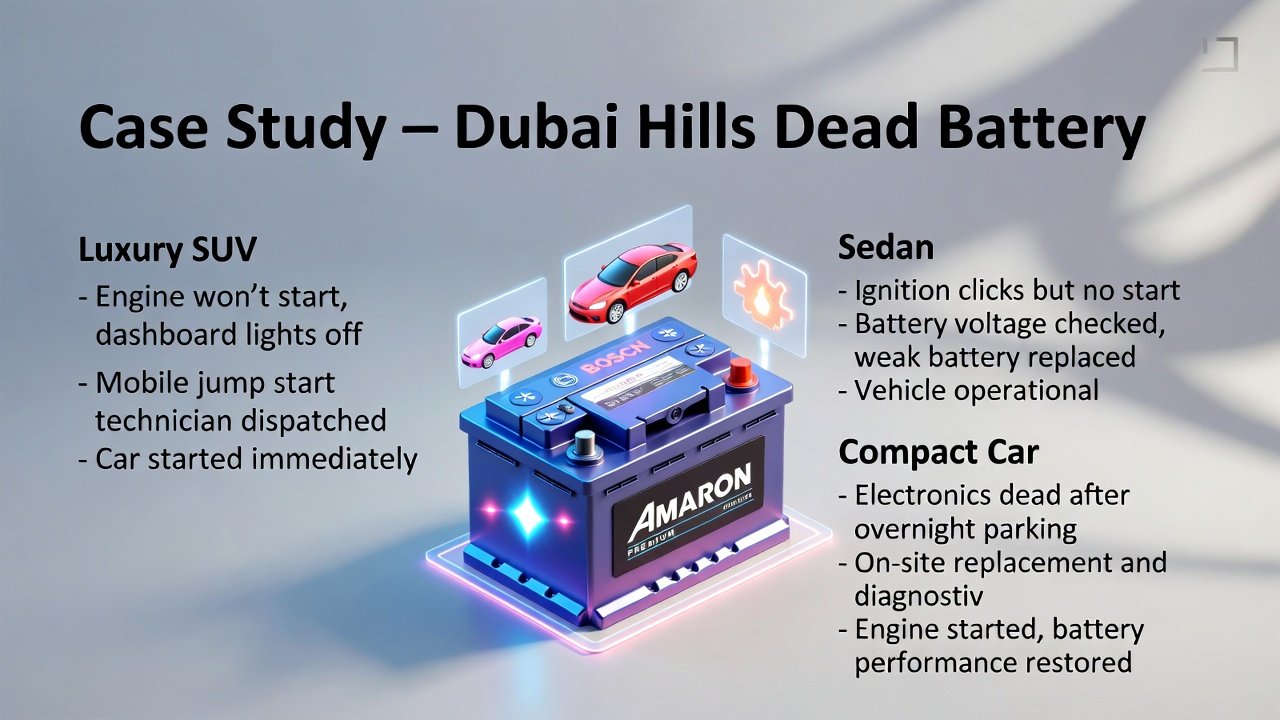“Infographic showing Dubai Hills dead battery case studies with title, side bullet points of vehicle problems and actions taken, and central premium battery illustration with animated effects.”