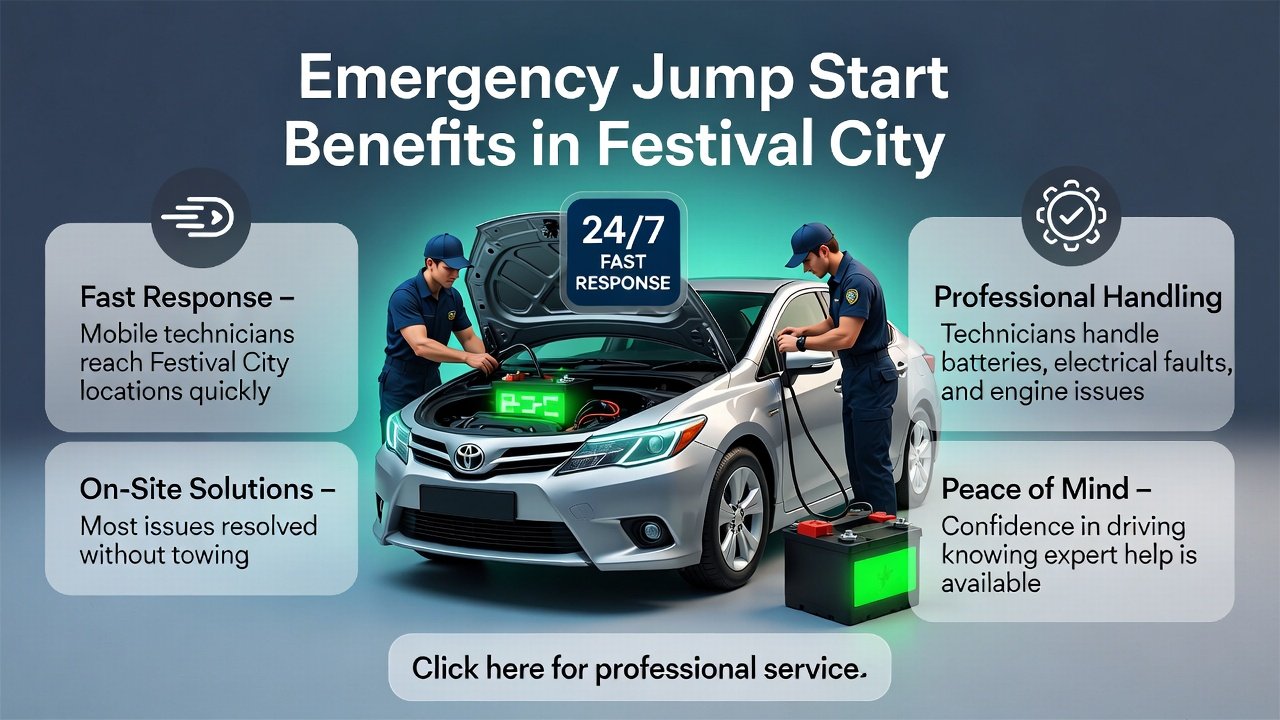 "User guide infographic showing benefits of emergency jump start services in Festival City with a central car image, mobile technician, and side bullet points highlighting key advantages."