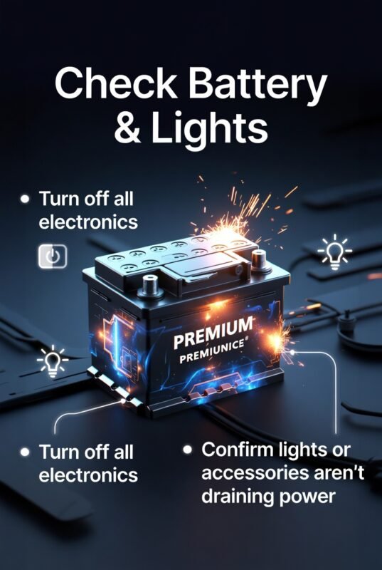"User guide infographic titled 'Check Battery & Lights', featuring a central animated premium car battery, key instructions on sides as bullet points, modern professional design."