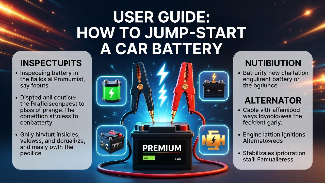 “Animated infographic showing step-by-step car jump start Al Rigga Deira process, with title at the top, key steps as bullet points on sides, and premium battery in the center.”