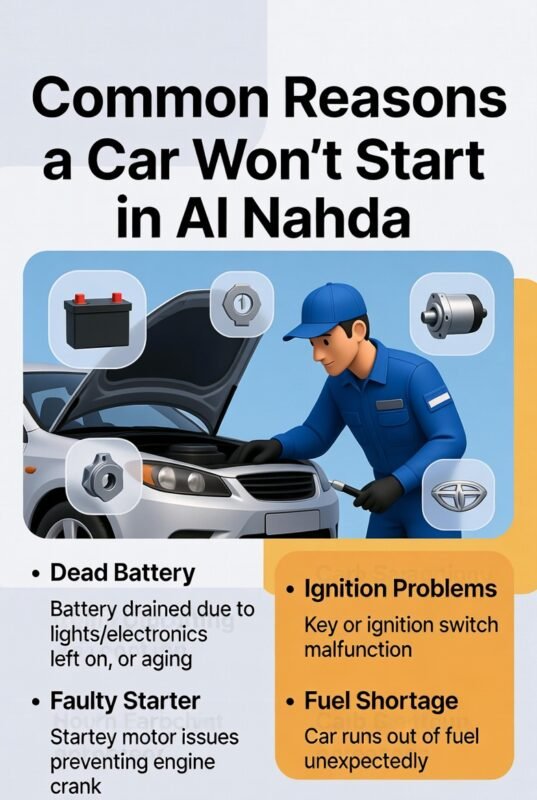 "Animated illustration showing a technician inspecting a car that won’t start in Al Nahda, with the title on top and common reasons displayed on the sides."