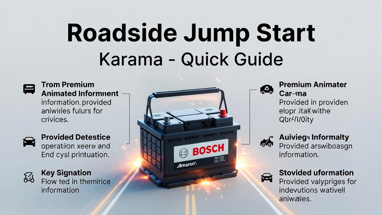 Infographic illustrating roadside jump start in Karama, showing the title at the top, key points on sides, and a glowing premium battery in the center.