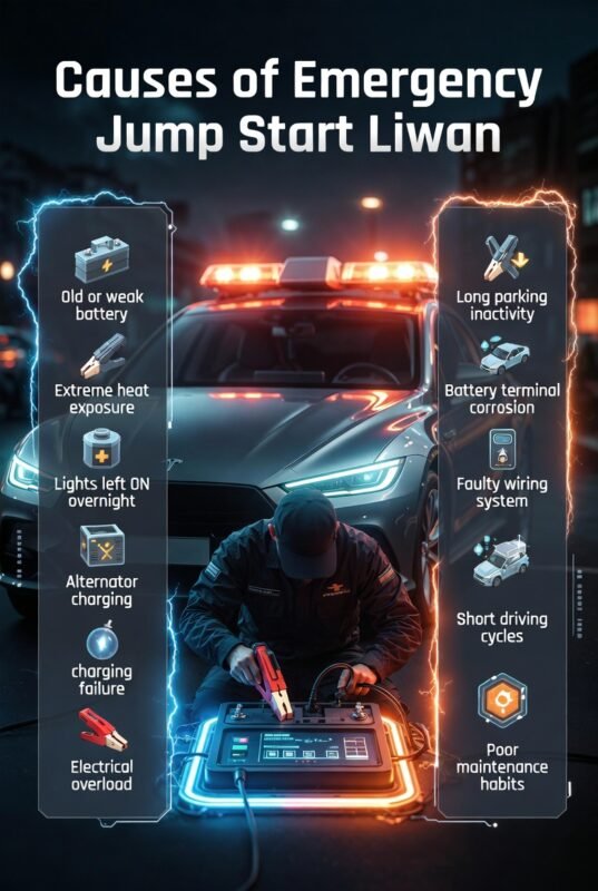 Infographic showing causes of emergency jump start Liwan including battery issues, heat damage, wiring faults, and maintenance problems.