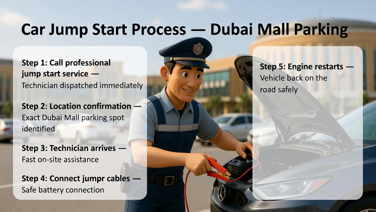 "Animated illustration showing a technician performing the car jump start process in Dubai Mall parking, with the title on top and step-by-step process points on the sides."
