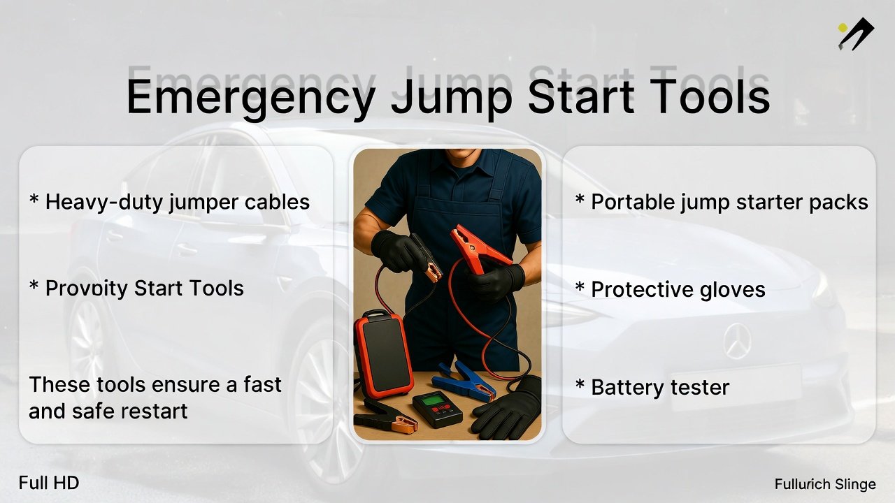 "Animated illustration showing a technician with emergency jump start tools, title on top, and key tools listed on the sides."
