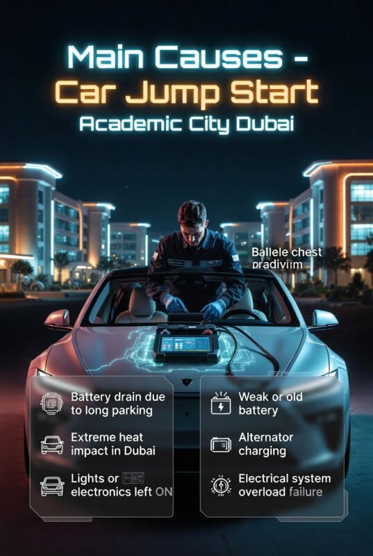 Infographic showing main causes of car jump start in Academic City Dubai including battery drain, heat impact, and electrical issues.