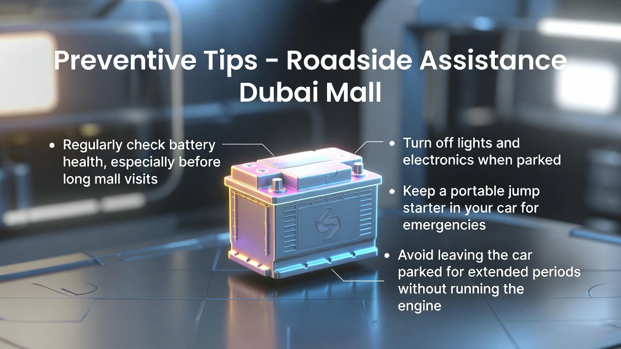 “Feature image showing top title, central branded battery or portable jump starter, and key preventive tips on sides in clean, animated style.”