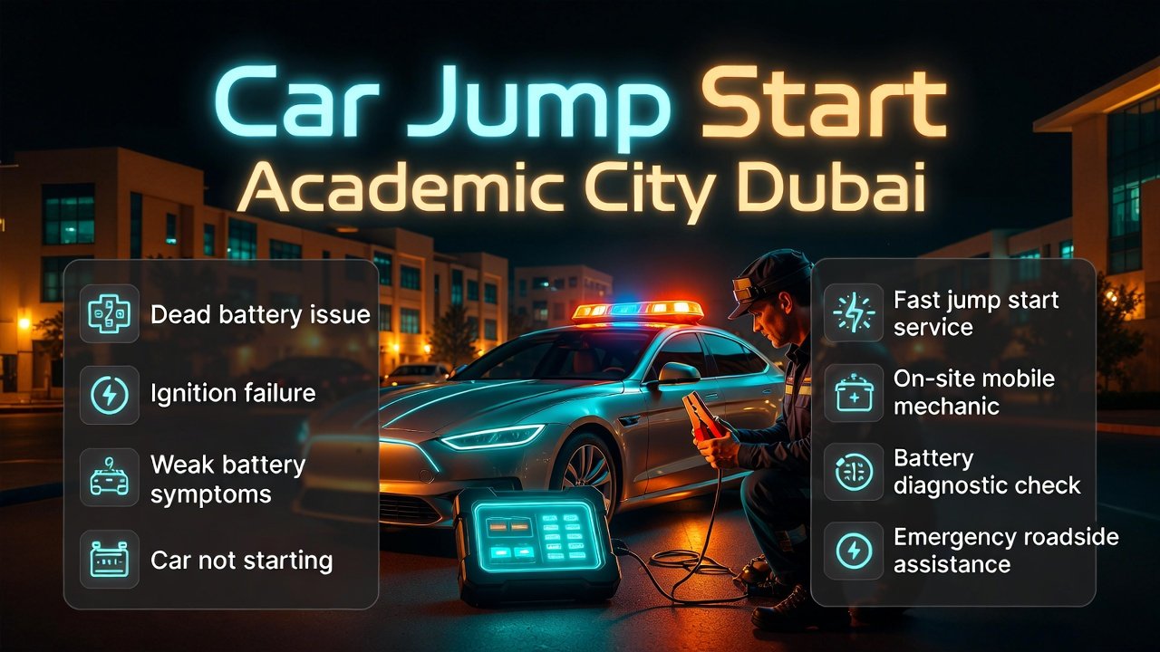Infographic showing car jump start Academic City Dubai with mobile mechanic, battery failure issues, and roadside assistance service.