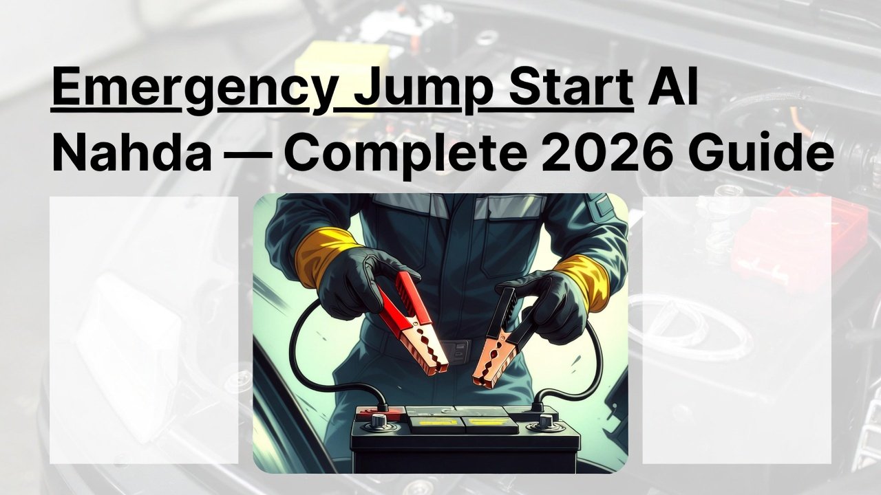 "Emergency Jump Start Al Nahda guide illustration showing a technician jump-starting a car, title on top, points on the sides, with a car brand image in the center."