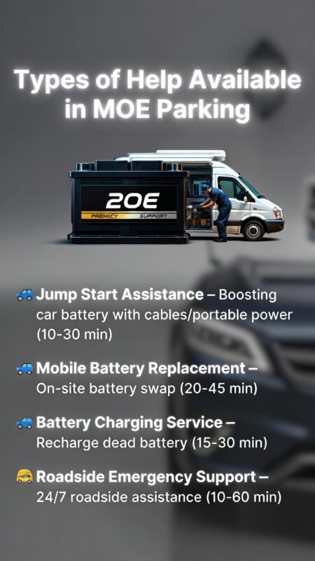 "Infographic titled 'Types of Help Available in MOE Parking', showing central animated car battery or roadside service, key help types with response times on sides, modern professional design."