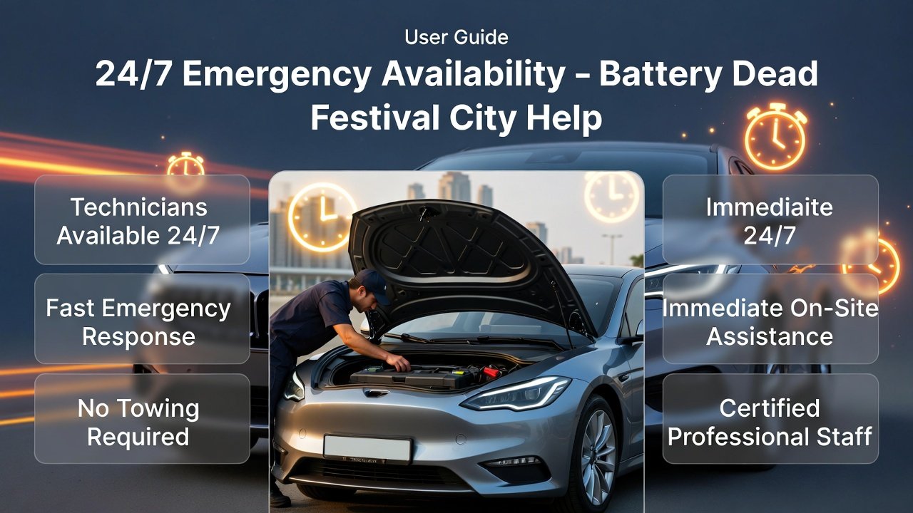 Technician performing a car jump start in Festival City, Dubai with glowing clock icons and key emergency service features highlighted on sides