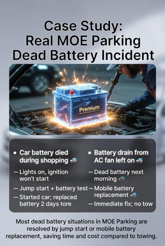 "Infographic titled 'Case Study: Real MOE Parking Dead Battery Incident', showing central animated car battery or roadside service, key incidents, symptoms, responses, and results on sides as bullet points, modern professional design."