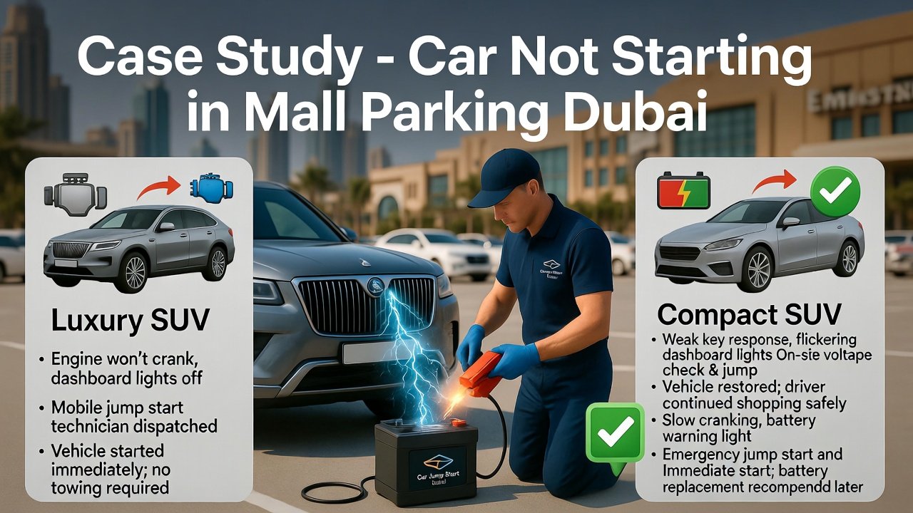 Infographic showing a technician performing emergency jump starts on a luxury SUV, sedan, and compact SUV in a Dubai mall parking lot, with animated electricity effects and side panels displaying case study results.