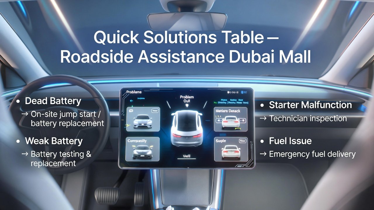 “Feature image showing top title, central diagnostic table for roadside assistance, and key problem-solution points on sides in clean, animated style.”
