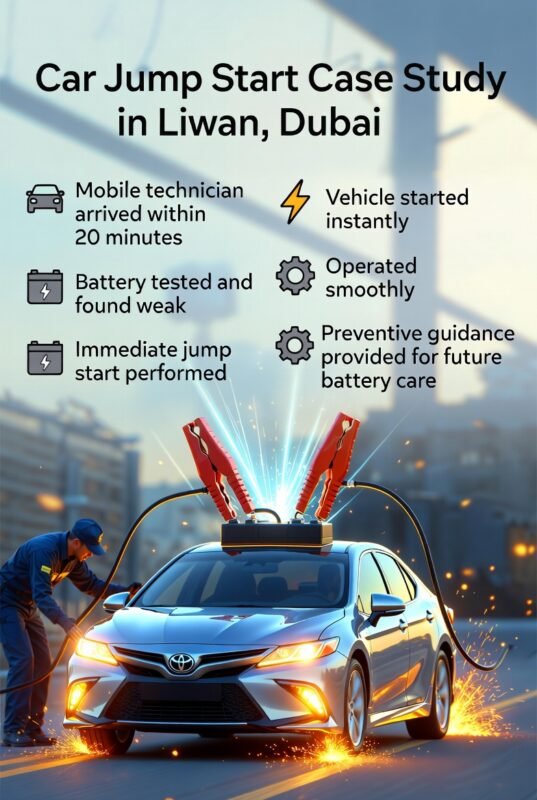 "Infographic showing a car jump start case study in Liwan Dubai, with title on top, action steps on the left, results on the right, and animated central car illustration with technician performing a jump start."