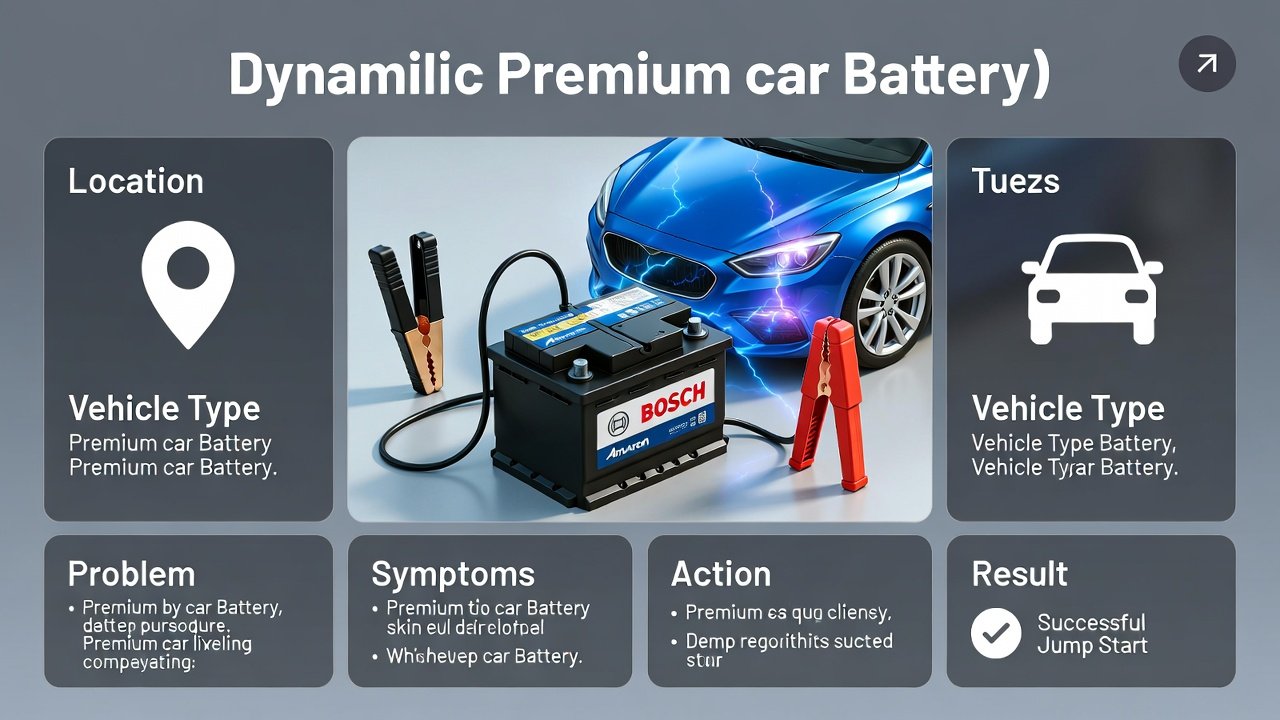“Infographic-style animated illustration showing a car jump start case study with title at the top, key points on sides, and a premium brand battery in the center.”