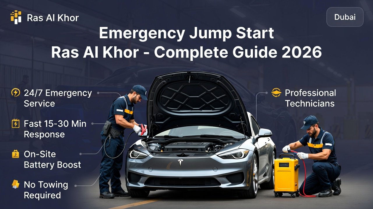 Emergency jump start service in Ras Al Khor showing a technician boosting a car battery with key features highlighted