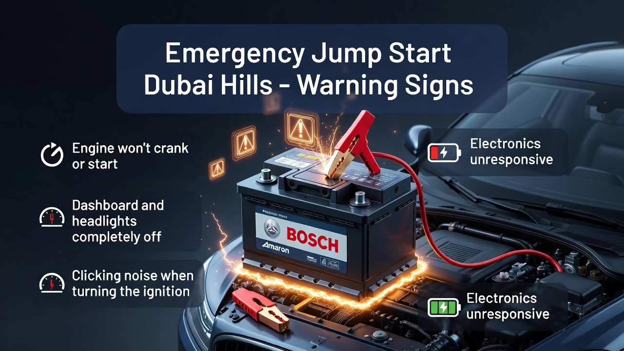 Emergency jump start Dubai Hills warning signs infographic showing title at top, side bullet points of symptoms, and central premium car battery with jump start cables.