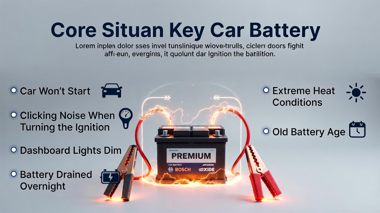 “Animated infographic showing common situations requiring car jump start Al Rigga Deira, with title at the top, key situations on sides, and premium battery illustration in the center.”