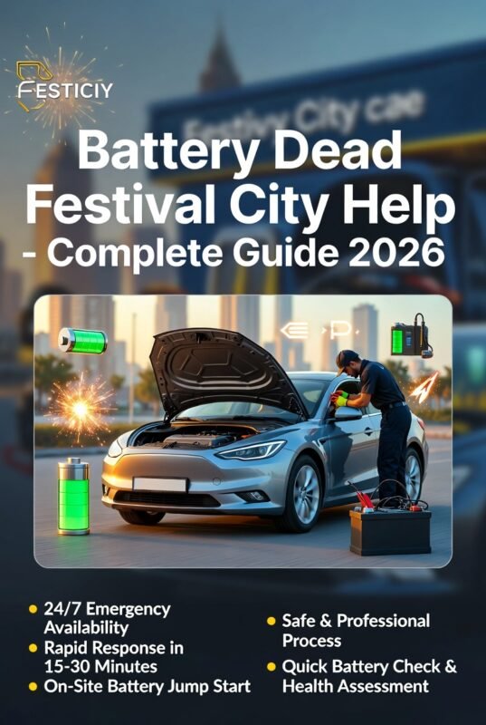 Technician performing an on-site car battery jump start in Festival City, Dubai, with key service features highlighted on sides