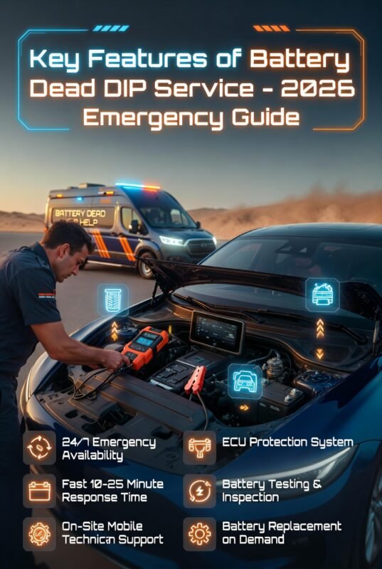 Infographic showing key features of battery dead help service in Dubai Investment Park including 24/7 support, jump start, and mobile technician assistance.