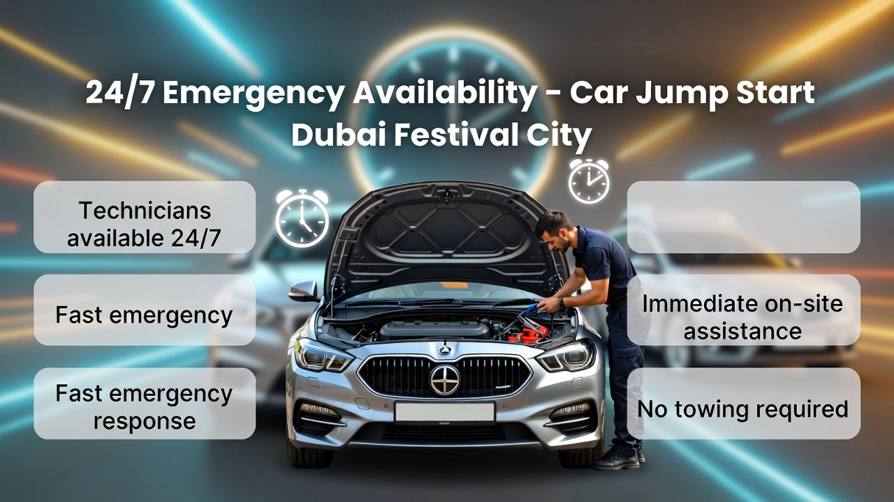 Technician performing a car jump start in Dubai Festival City with glowing clock icons and key emergency service features highlighted on sides