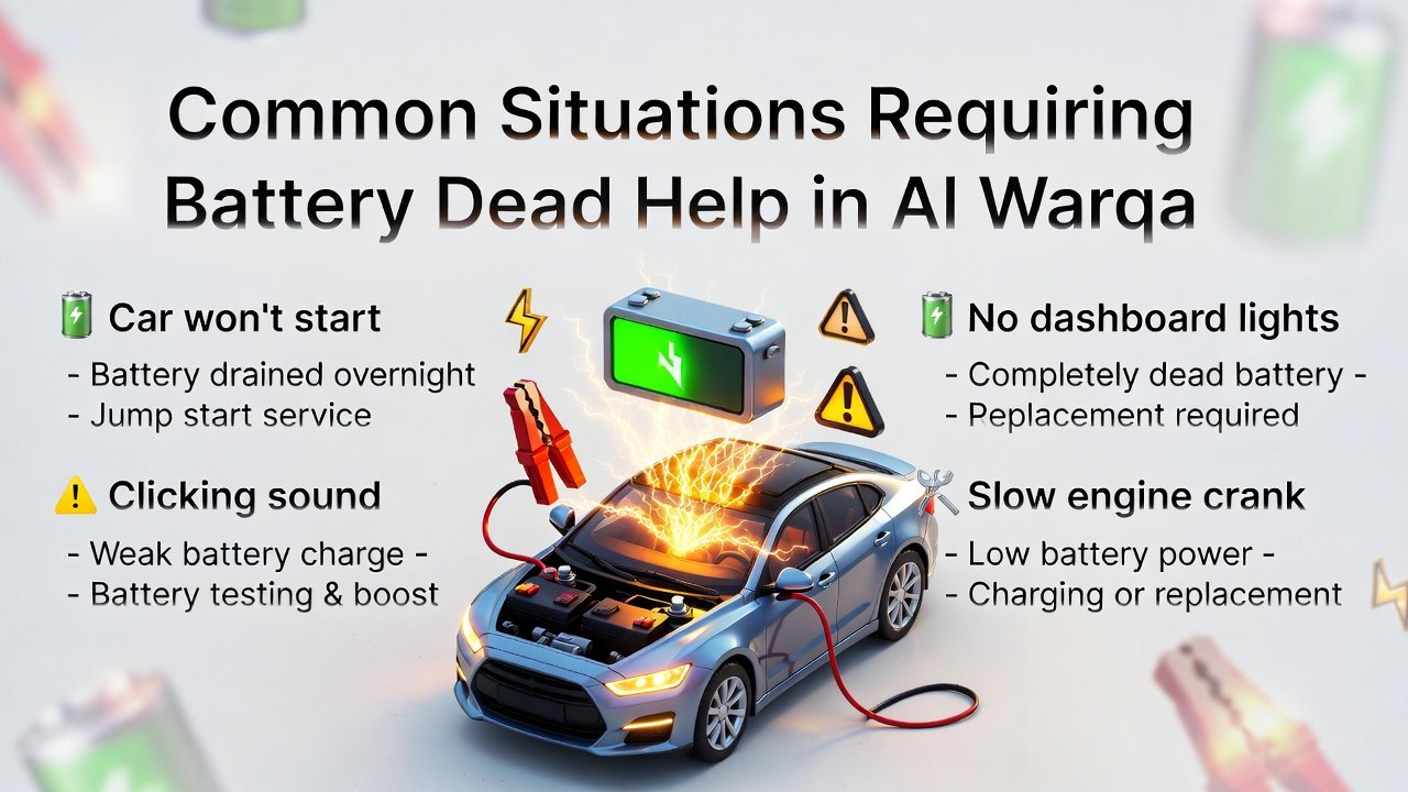 "Infographic showing common situations requiring battery dead help in Al Warqa, with title on top, key situations and solutions on both sides, and animated car illustration with jump start cables in the center."