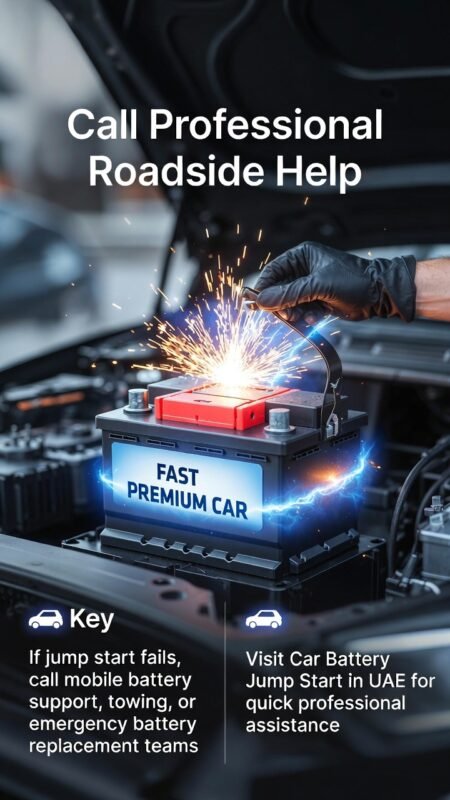 "User guide infographic titled 'Call Professional Roadside Help', featuring a central animated scene of a professional roadside battery service, key instructions on sides as bullet points, modern professional design."
