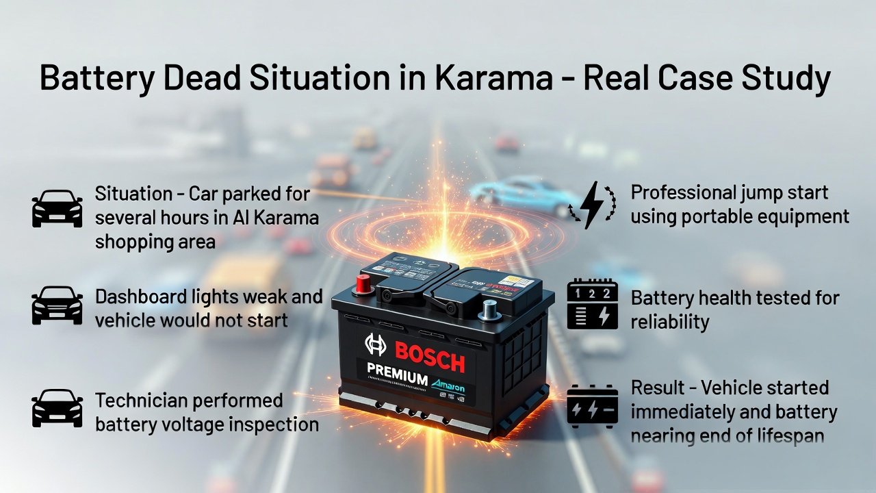Infographic showing a real battery dead case study in Karama with title at the top, situation and actions on the sides, and a premium glowing car battery in the center.