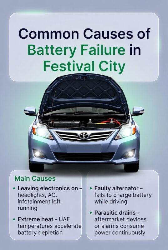 "User guide infographic showing common causes of car battery failure in Festival City with a central car image, battery connections, and side bullet points highlighting causes."