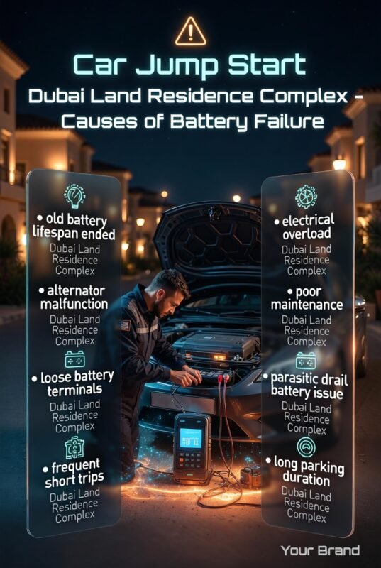 Mobile mechanic performing car battery diagnostic check in Dubai Land Residence Complex at night showing causes of battery failure in infographic style on both sides.