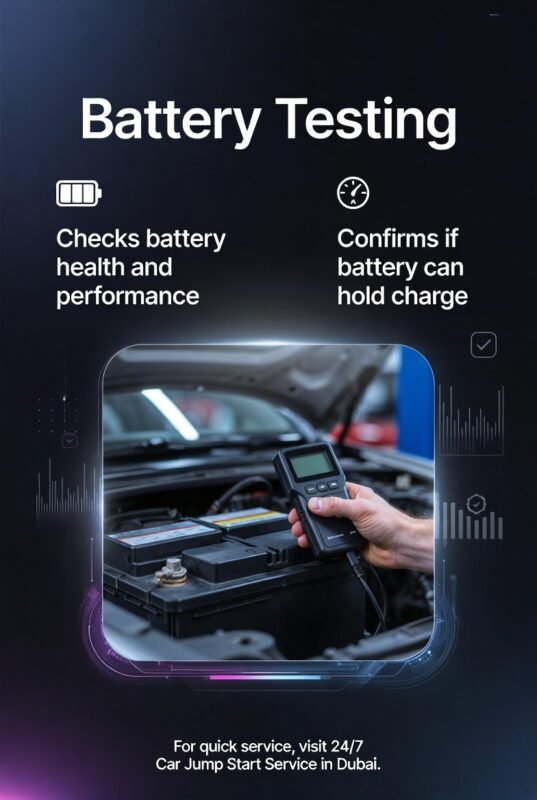 Visual guide showing battery testing with a technician checking car battery health and performance using a diagnostic tool.