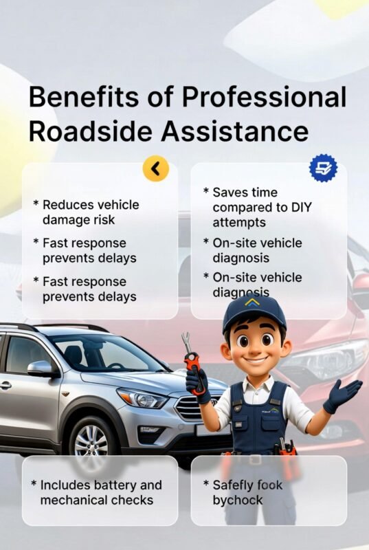 "Animated illustration showing a professional technician performing roadside assistance, with title on top and key benefits displayed on the sides."