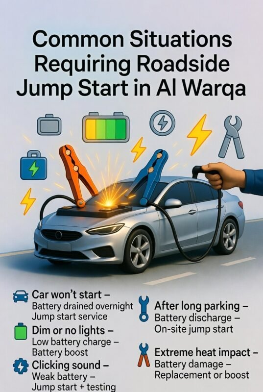 "Infographic showing common situations requiring roadside jump start in Al Warqa, with title on top, key situations and solutions on both sides, and animated central car illustration with jump start in progress."