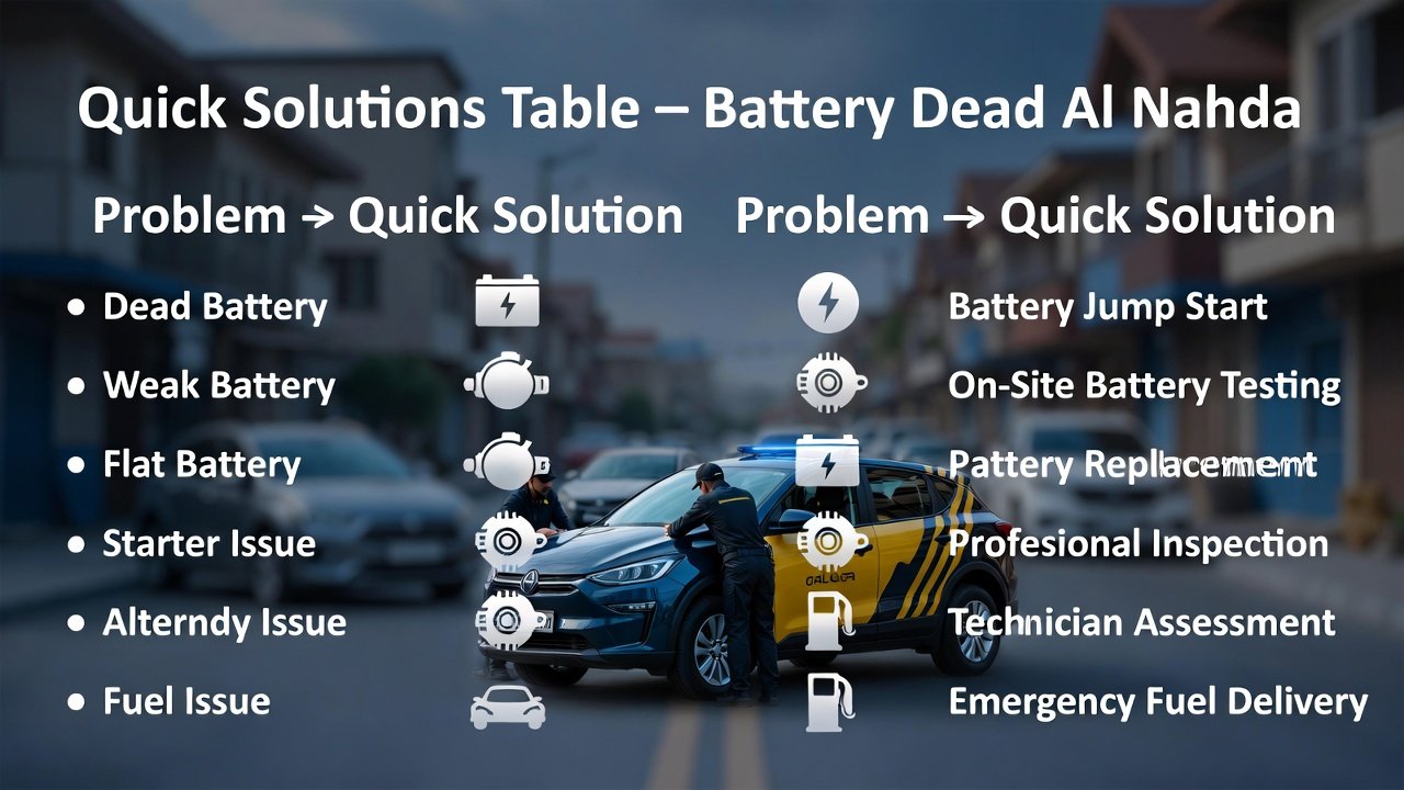 “Quick solutions table for Battery Dead Al Nahda showing common car issues and their on-site solutions on sides, with branded roadside assistance vehicle in center, animated professional style.”