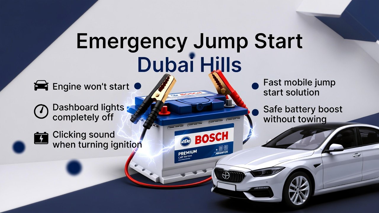 Emergency jump start Dubai Hills infographic showing title at top, key battery failure symptoms on sides, and central premium car battery with jump start cables.