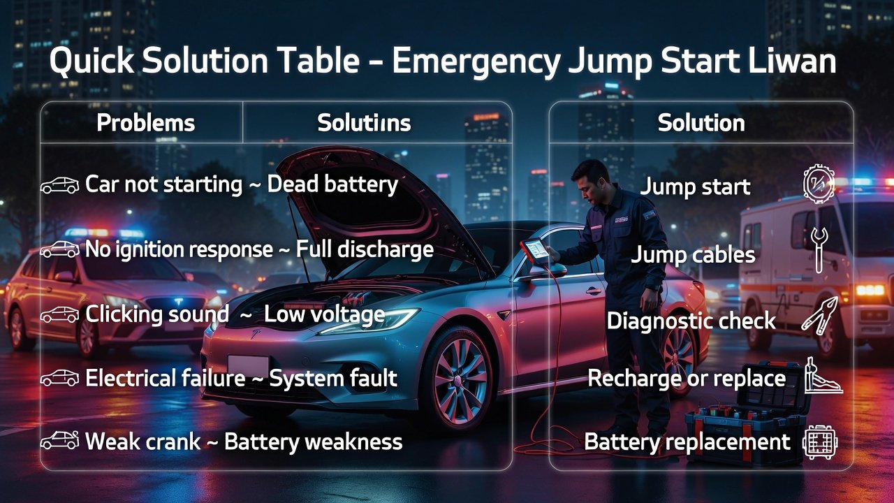 Infographic table showing emergency jump start Liwan quick solutions with problems, causes, and roadside assistance fixes.