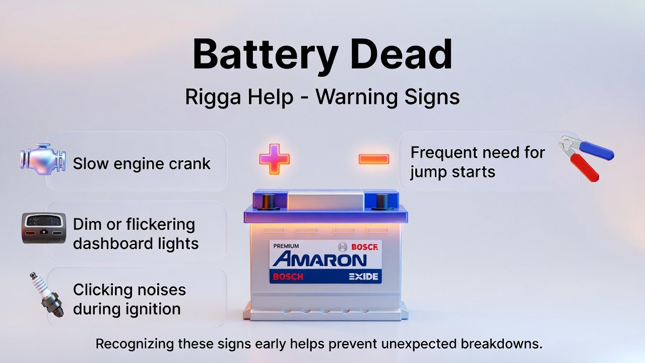 "Battery Dead Rigga Help infographic showing title on top, warning signs like slow engine crank, flickering lights, clicking noises, and frequent jump starts on sides, with a premium battery in the center and animated infographic style."
