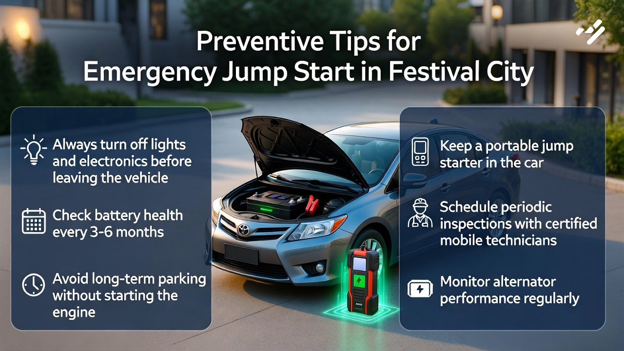 "User guide infographic showing preventive tips for emergency jump start in Festival City, with a central car image and side bullet points of essential precautions."