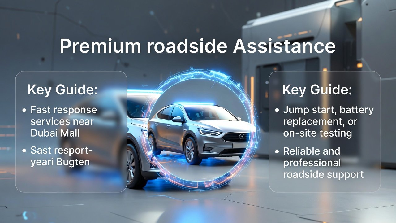 “User guide image showing main title at top, professional roadside assistance vehicle in center, and guide points on sides in clean, animated style.”