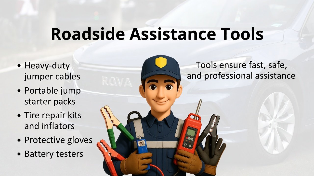 "Animated illustration of a technician with roadside assistance tools, including jumper cables, portable jump starter, tire repair kit, gloves, and battery tester, with title on top and points on the sides."