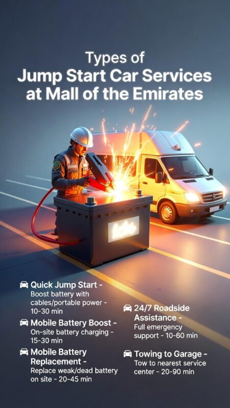 "Infographic image titled 'Types of Jump Start Car Services at Mall of the Emirates', showing central animated car battery or roadside service, key service types with descriptions and typical response times on sides, modern professional infographic design."