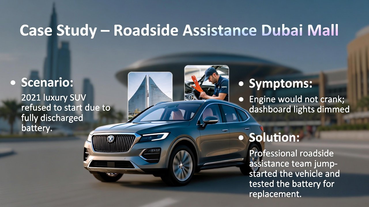“Feature image showing top title, central 2021 luxury SUV and technician performing roadside assistance, with key case study points on sides in clean, animated style.”