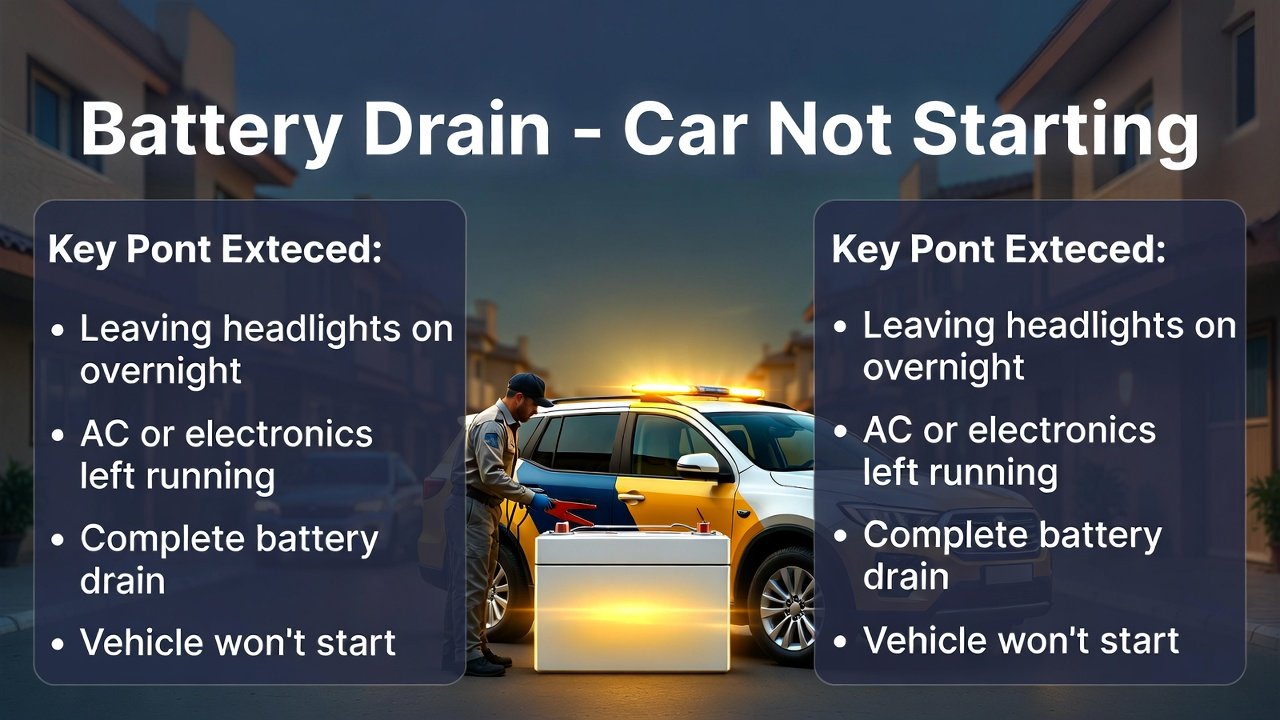 “Battery drain guide cover showing lights, AC, or electronics left on causing complete battery drain on sides, with branded roadside assistance vehicle performing jump start in center, animated professional style.”