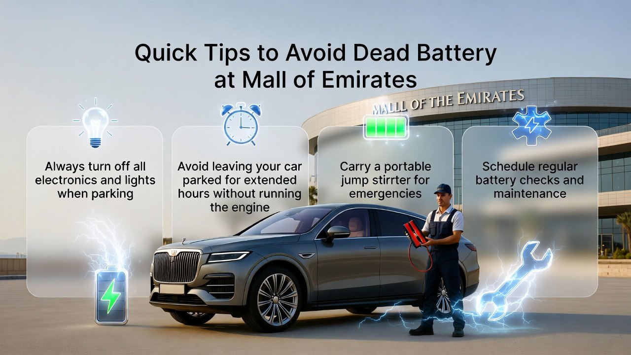 Infographic illustration showing a luxury SUV at Mall of the Emirates with a technician holding a portable jump starter, with animated side panels displaying quick tips to avoid a dead car battery.