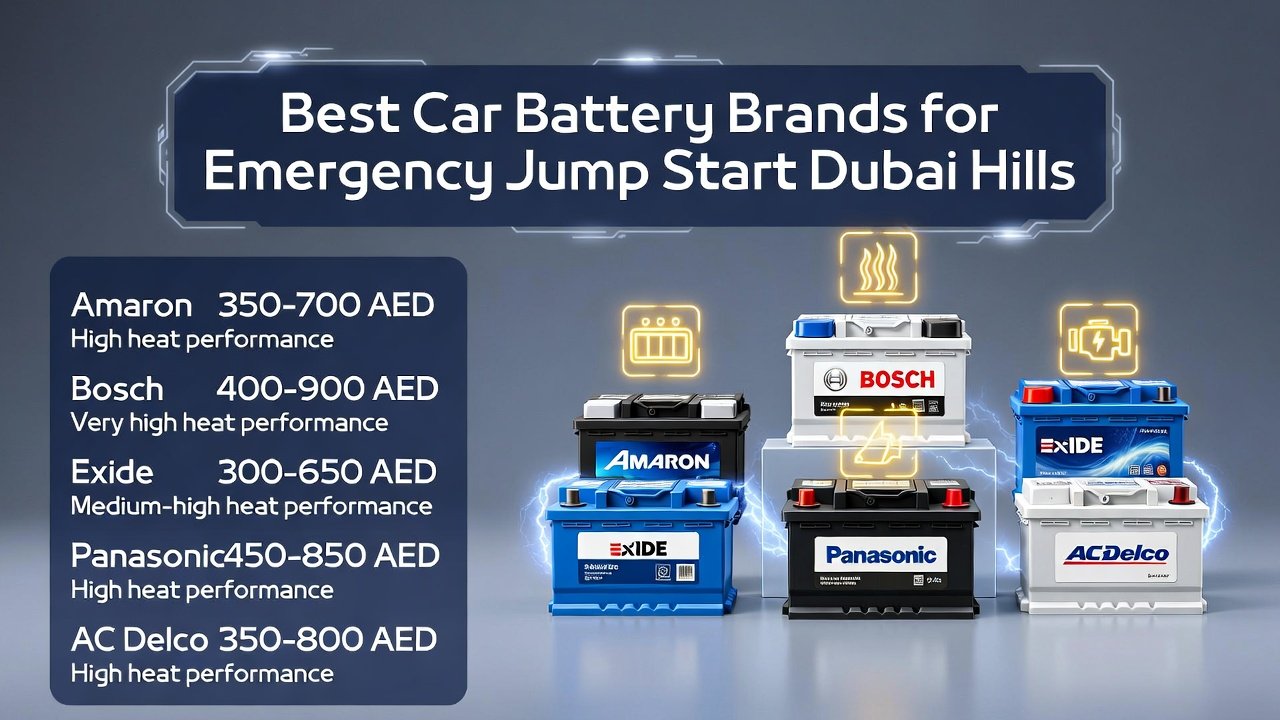 Infographic showing best car battery brands in Dubai Hills with price ranges, heat performance, and central premium battery lineup illustration.