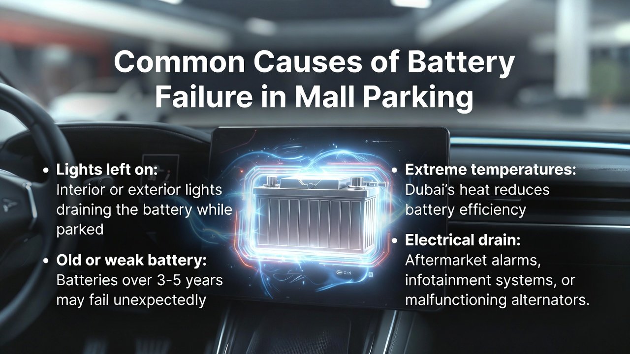“Feature image showing top title, central branded car battery or dashboard, and key points about battery failure causes in mall parking on sides in animated style.”