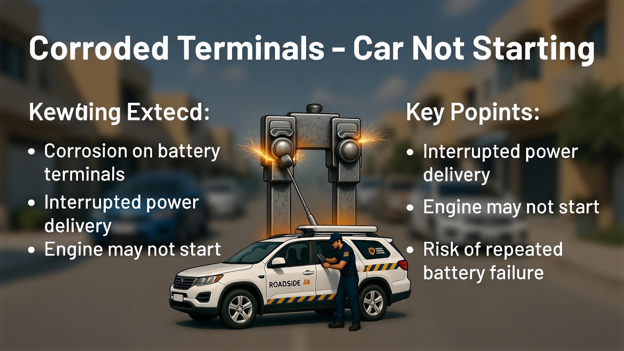 “Corroded battery terminals guide cover showing interrupted power delivery causing engine start failure on sides, with branded roadside assistance vehicle cleaning terminals in center, animated professional style.”