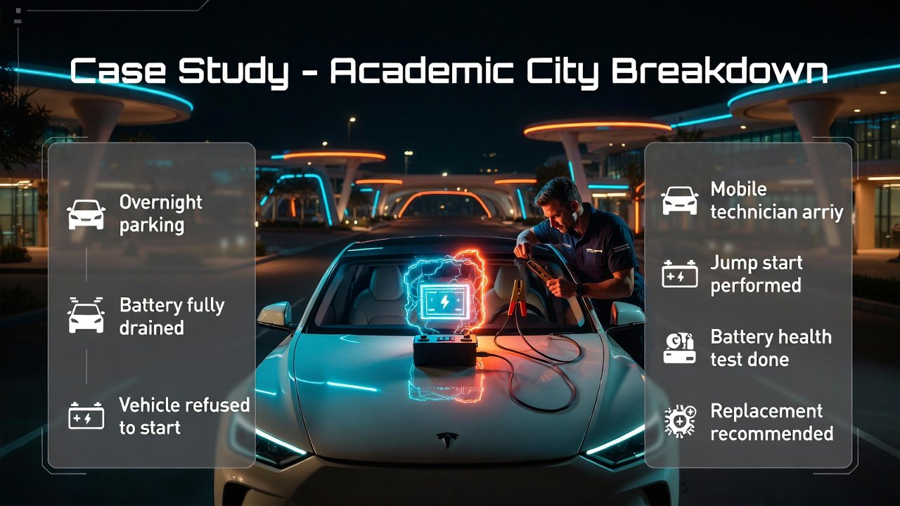Case study infographic showing Academic City breakdown with battery failure, jump start service, and replacement recommendation.